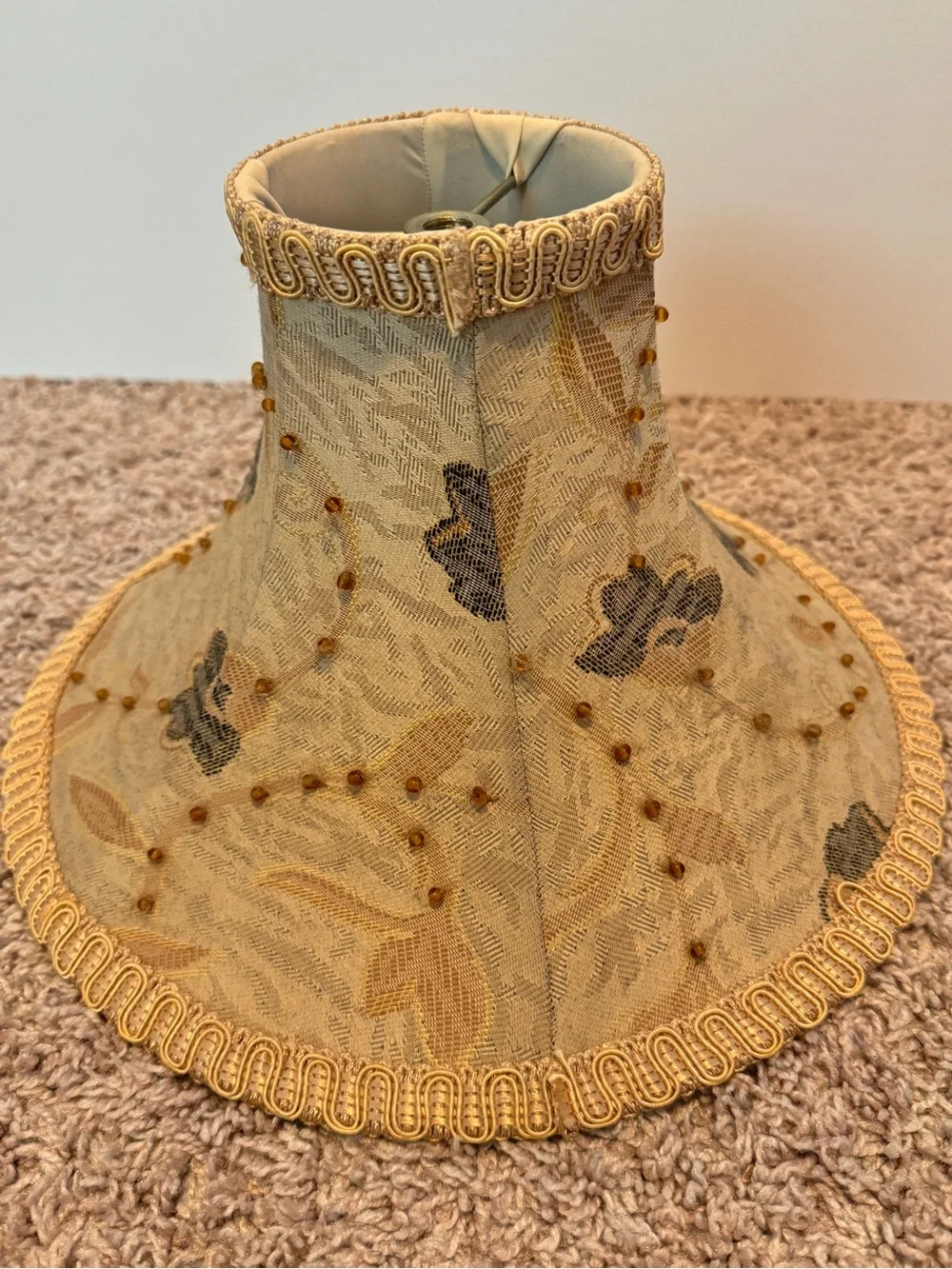 Vintage Bell lamp shade featuring an ornate design golden lace fabric beaded